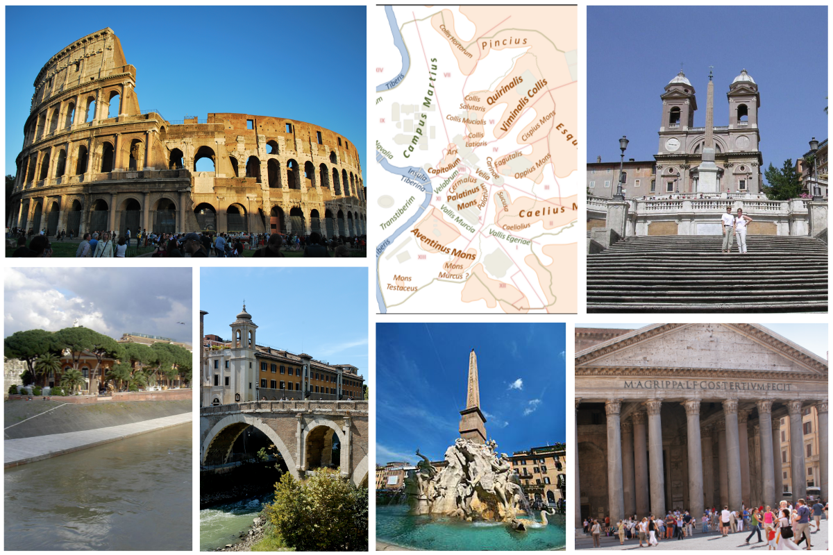 curiosità su Roma e sulle fontane capitoline, sull'Isola Tiberina, sul Colosseo, su Piazza di Spagna e sul Pantheon, su Ponte Fabricio e sui leggendari sette colli