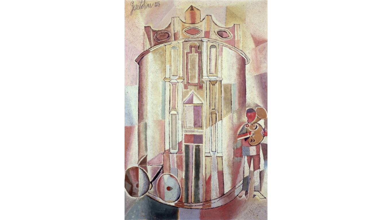 Il dipinto del 1955 - Cattedrale con suonatore di tromba di Franco Gentilini