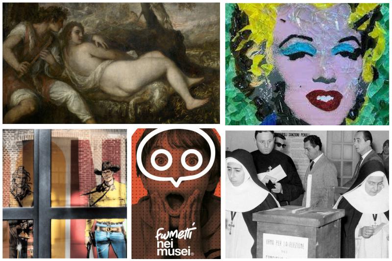 Plastica fatale al Margutta Veggy Food & Art di Roma, Bonelli Story al Museo degli Innocenti di Firenze, Anni interessanti al Museo di Roma in Trastevere, Fumetti nei Musei ai Musei Reali di Torino, Tiziano alla Galleria Borghese di Roma