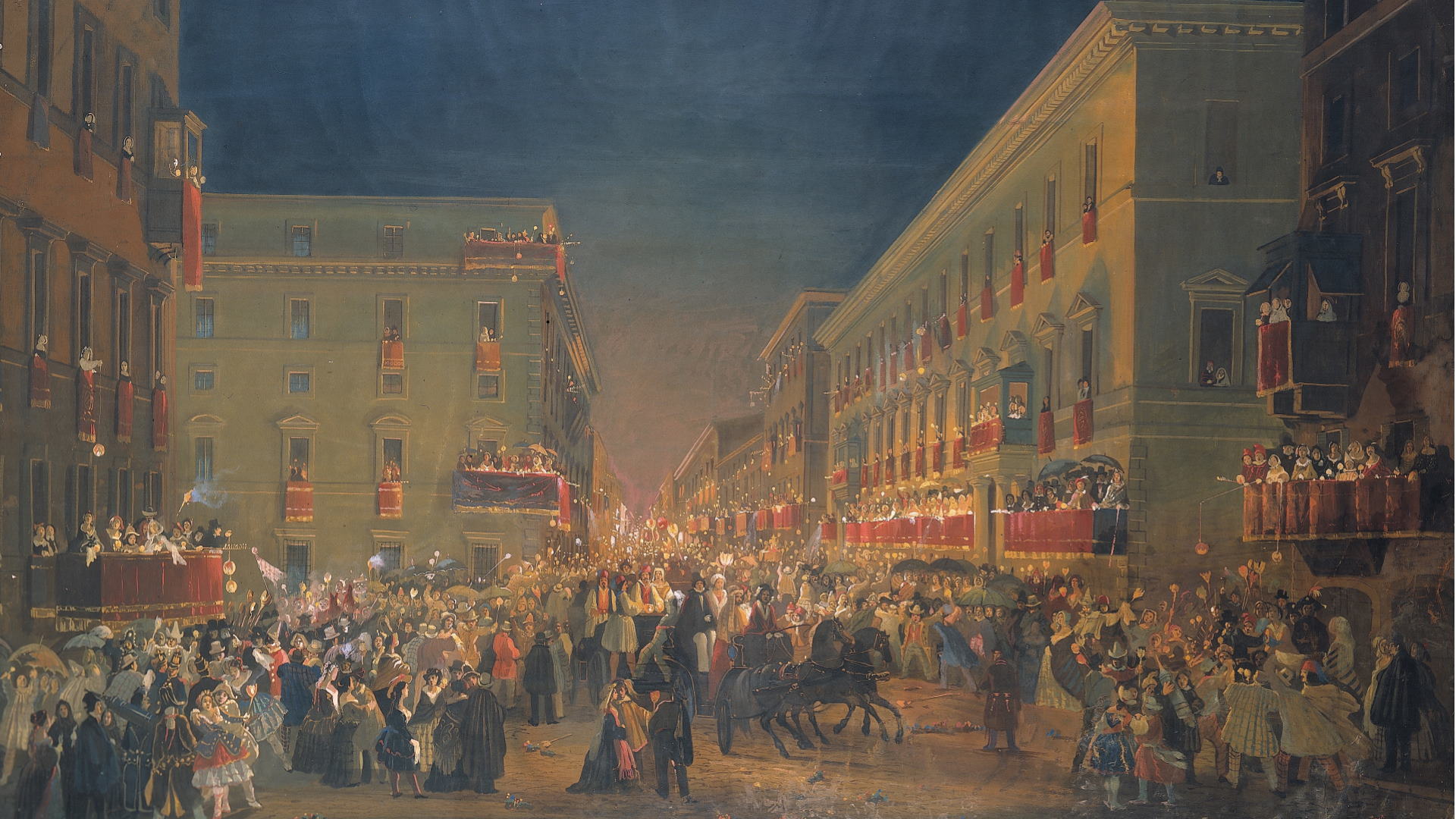 Carnevale Sovrintendenza Capitolina - Ippolito Caffi, Festa dei “Moccoletti” al Corso, 1845-1847, Museo di Roma in Trastevere